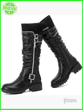 Women's Knee High Combat Boots Round Toe Low Heel Zip Closure Water Resistant